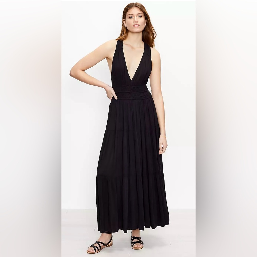 LOFT Beach Women’s Black Tiered Halter Maxi Dress Size XS Sleeveless Rayon